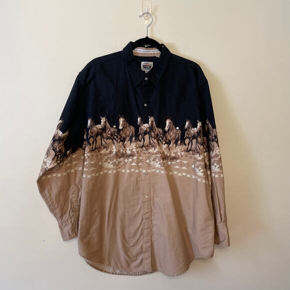 Cumberland Outfitters XXL black tan long sleeve button down top horse western - Picture 1 of 7